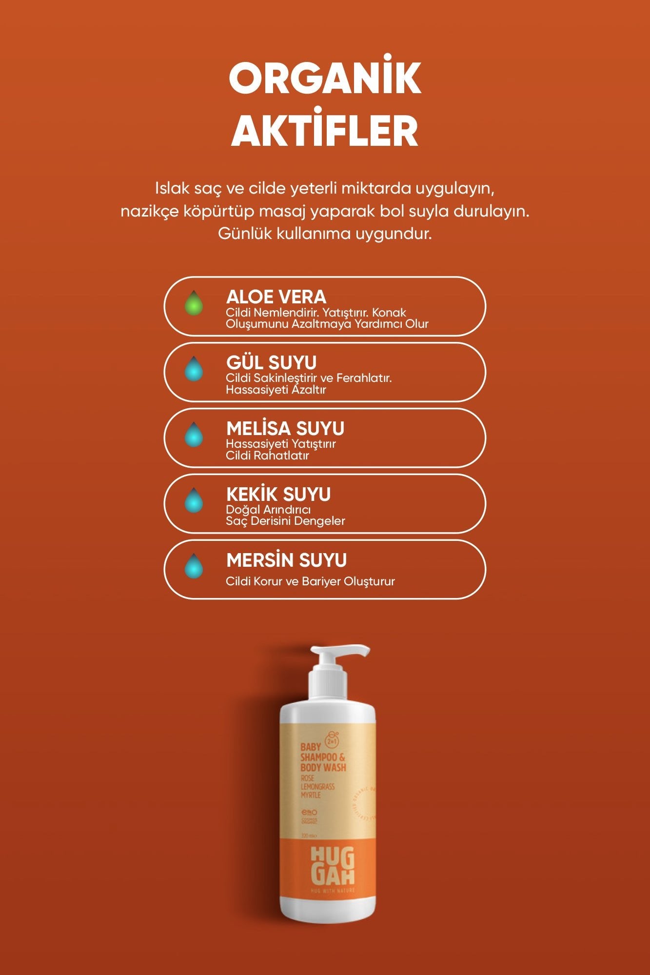 Huggah Organik Bebek Saç ve Vücut Şampuanı(2in1) 320ml–Hassas Cilt - Göz Yakmayan - Konak Karşıtı - Kolay Tarama - HUGGAH NATURALS